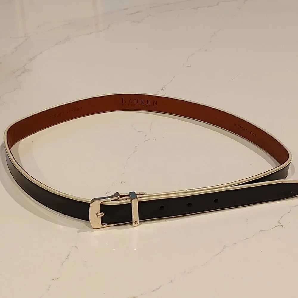 Lauren Ralph Lauren Leather Belt in Black and White Solid Brass Buckle Size L